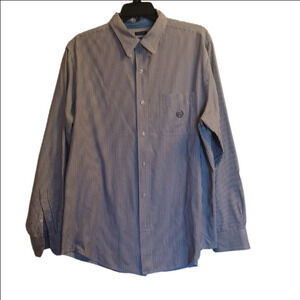 CHAPS MENS LONG SLEEVE SHIRT, SIZE LARGE,BLUE AND WHITE PRINT STRIPE.